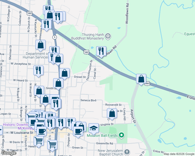 map of restaurants, bars, coffee shops, grocery stores, and more near 908 Canal Street in McKinney