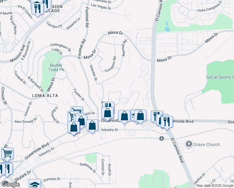 map of restaurants, bars, coffee shops, grocery stores, and more near 432 Edgehill Lane in Oceanside