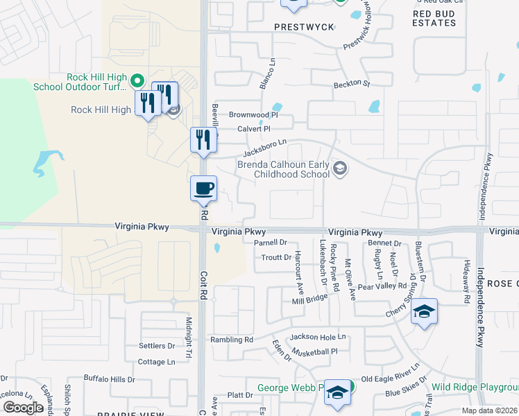 map of restaurants, bars, coffee shops, grocery stores, and more near 215 Pasadena Trail in McKinney