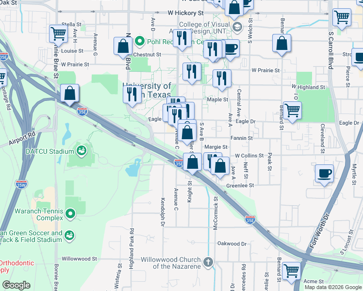 map of restaurants, bars, coffee shops, grocery stores, and more near 1101 Avenue C in Denton