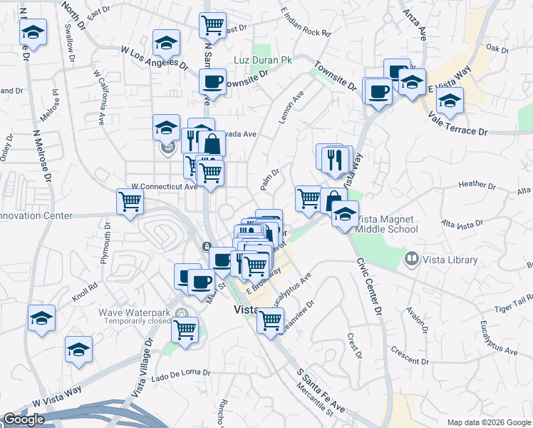 map of restaurants, bars, coffee shops, grocery stores, and more near 333 North Citrus Avenue in Vista