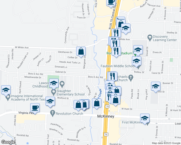 map of restaurants, bars, coffee shops, grocery stores, and more near 2224 Stonepark Place in McKinney