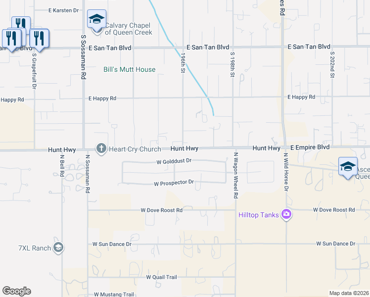 map of restaurants, bars, coffee shops, grocery stores, and more near 19608 Hunt Highway in Queen Creek