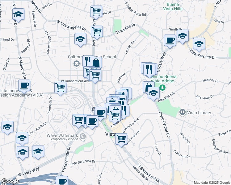 map of restaurants, bars, coffee shops, grocery stores, and more near 320 Washington Street in Vista