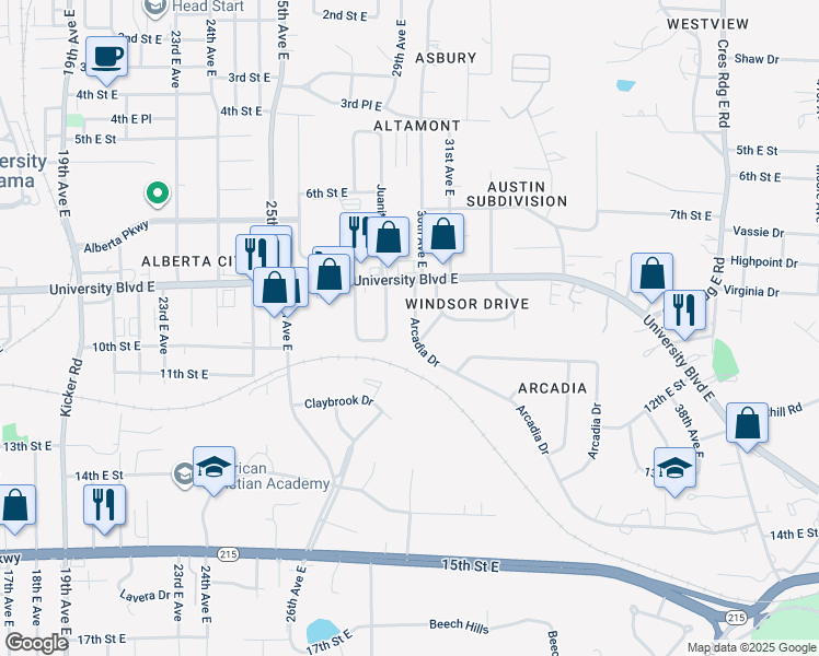 map of restaurants, bars, coffee shops, grocery stores, and more near 2955 Arcadia Drive in Tuscaloosa