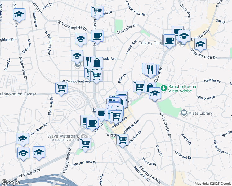 map of restaurants, bars, coffee shops, grocery stores, and more near 316 Washington Street in Vista