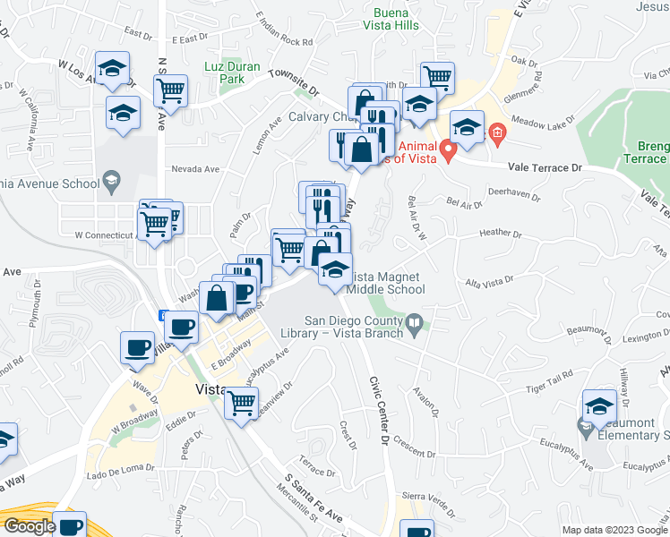 map of restaurants, bars, coffee shops, grocery stores, and more near 110 Civic Center Drive in Vista