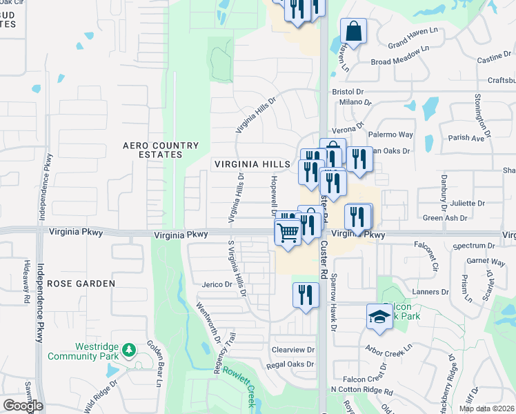map of restaurants, bars, coffee shops, grocery stores, and more near 9109 Norfolk Lane in McKinney