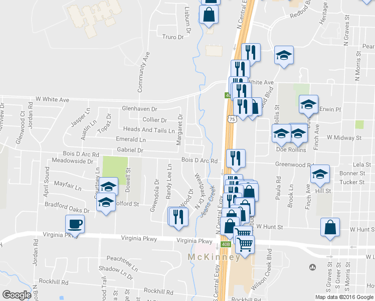 map of restaurants, bars, coffee shops, grocery stores, and more near 504 Dean Place in McKinney