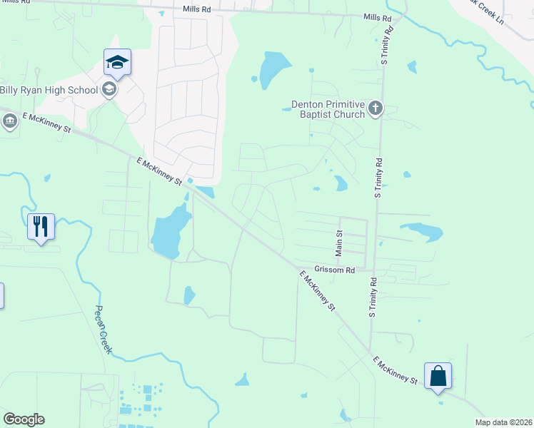 map of restaurants, bars, coffee shops, grocery stores, and more near Orr Road in Denton