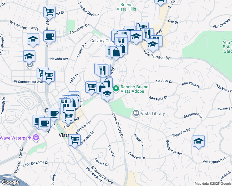 map of restaurants, bars, coffee shops, grocery stores, and more near 640 Alta Vista Drive in Vista