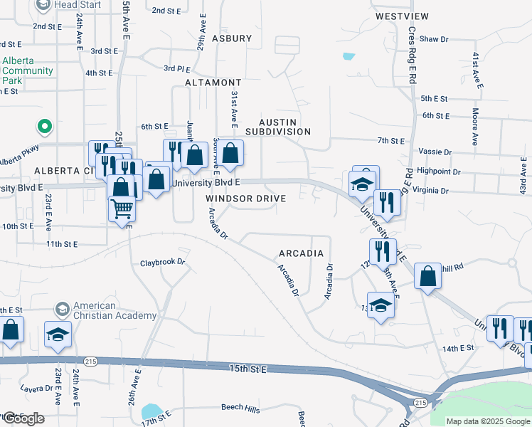 map of restaurants, bars, coffee shops, grocery stores, and more near 15 Windsor Drive in Tuscaloosa