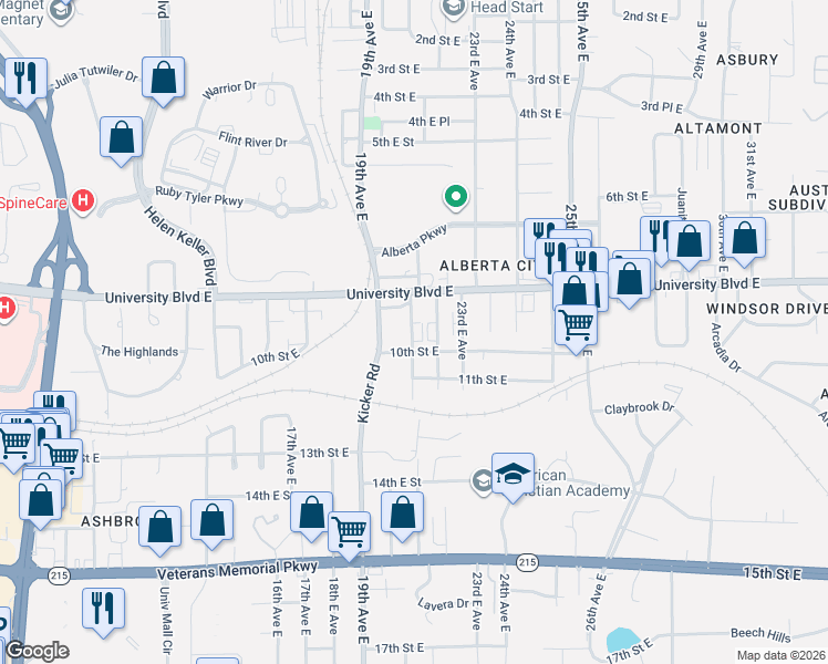 map of restaurants, bars, coffee shops, grocery stores, and more near 916 22nd Avenue East in Tuscaloosa