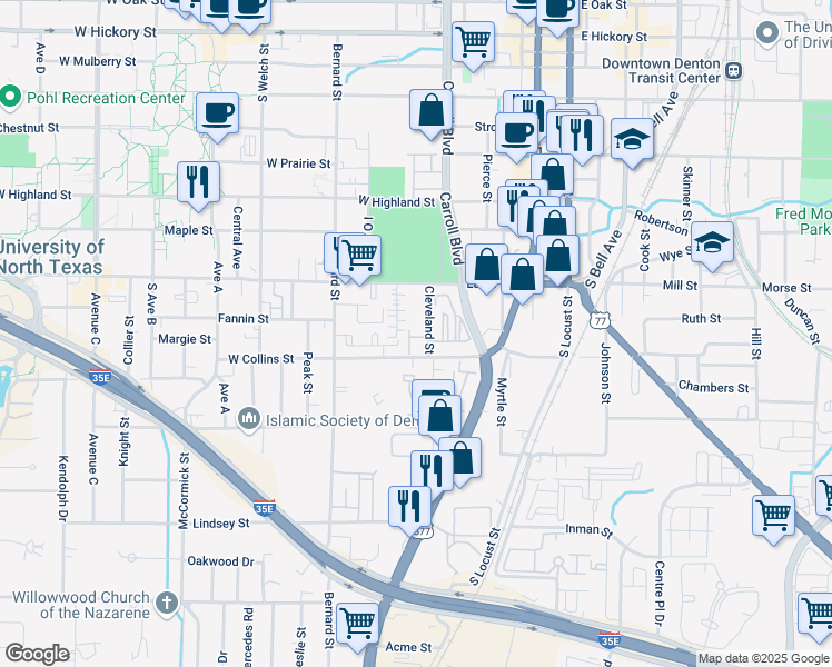map of restaurants, bars, coffee shops, grocery stores, and more near 922 Cleveland Street in Denton