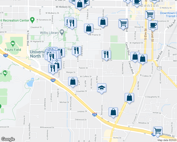 map of restaurants, bars, coffee shops, grocery stores, and more near 930 South Welch Street in Denton