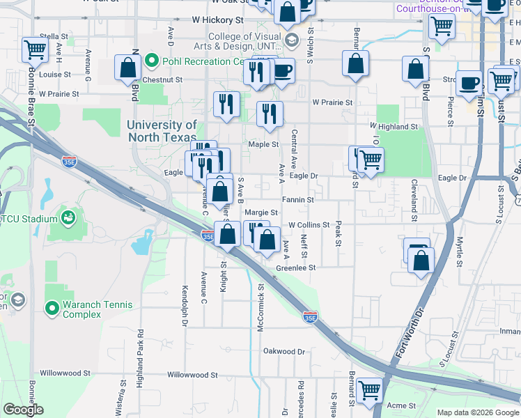 map of restaurants, bars, coffee shops, grocery stores, and more near 920 McCormick Street in Denton
