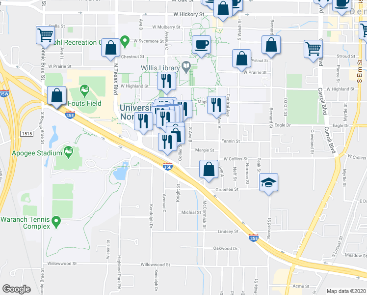 map of restaurants, bars, coffee shops, grocery stores, and more near 1000 South Avenue B in Denton