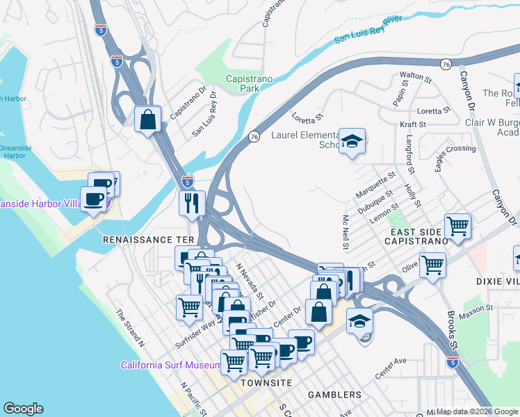 map of restaurants, bars, coffee shops, grocery stores, and more near 815 Harbor Cliff Way in Oceanside