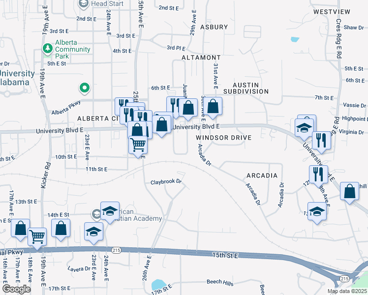 map of restaurants, bars, coffee shops, grocery stores, and more near 31 Durrett Grove in Tuscaloosa