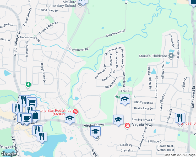 map of restaurants, bars, coffee shops, grocery stores, and more near 607 Castlewood Drive in McKinney