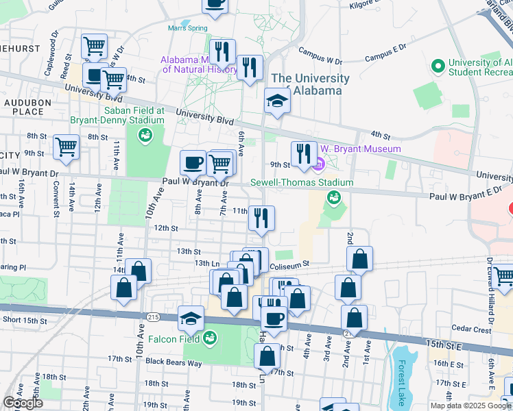 map of restaurants, bars, coffee shops, grocery stores, and more near 1018 Hackberry Lane in Tuscaloosa