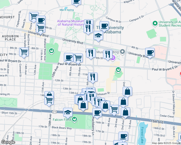 map of restaurants, bars, coffee shops, grocery stores, and more near 1018 Hackberry Lane in Tuscaloosa