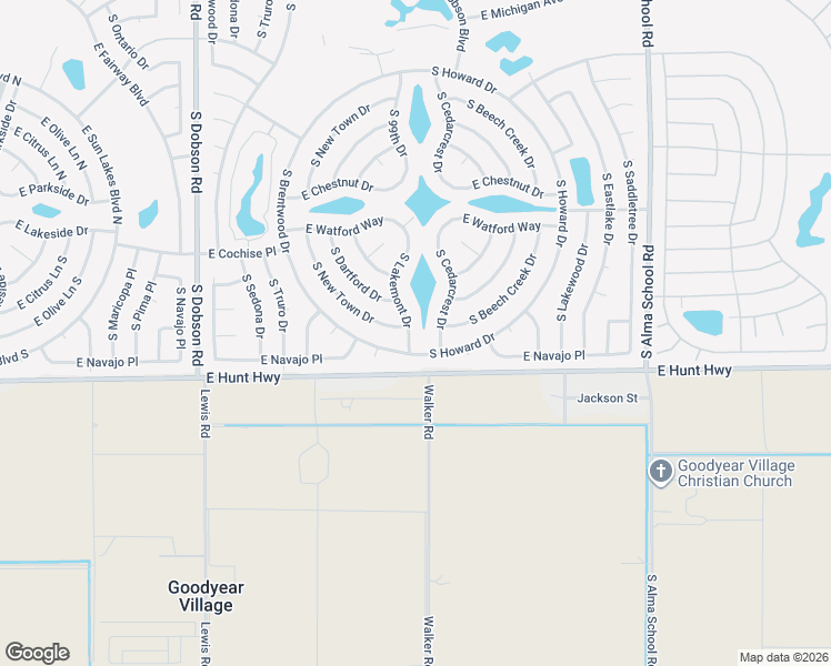 map of restaurants, bars, coffee shops, grocery stores, and more near 26430 South Cedarcrest Drive in Sun Lakes