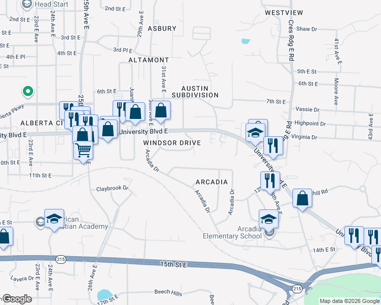 map of restaurants, bars, coffee shops, grocery stores, and more near 19 Windsor Drive in Tuscaloosa