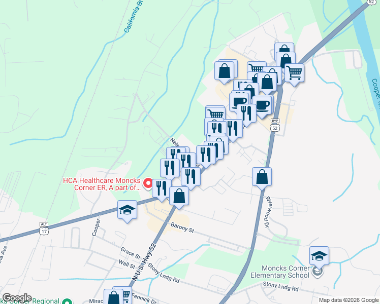 map of restaurants, bars, coffee shops, grocery stores, and more near 421 State Road S-8-366 in Moncks Corner