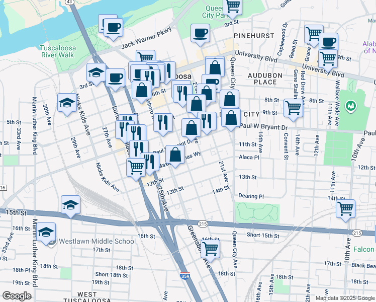 map of restaurants, bars, coffee shops, grocery stores, and more near 2230 11th Street in Tuscaloosa