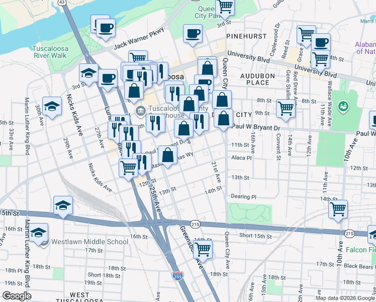 map of restaurants, bars, coffee shops, grocery stores, and more near 2211 Paul William Bryant Drive in Tuscaloosa