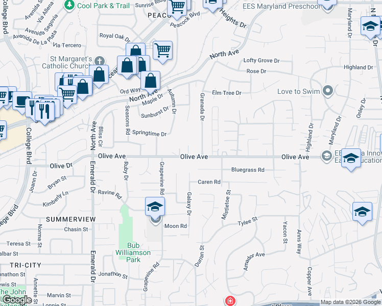 map of restaurants, bars, coffee shops, grocery stores, and more near 1435 Olive Avenue in Vista