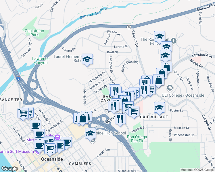 map of restaurants, bars, coffee shops, grocery stores, and more near 1521 Lemon Street in Oceanside