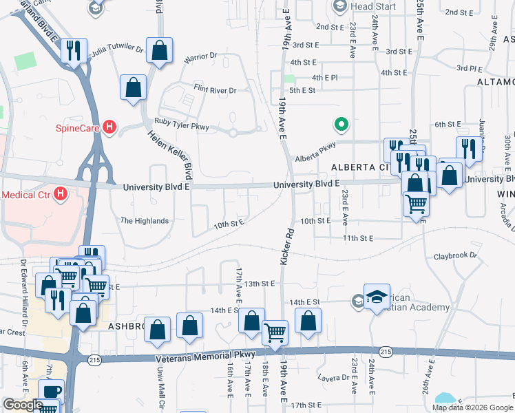 map of restaurants, bars, coffee shops, grocery stores, and more near 915 17th Avenue East in Tuscaloosa