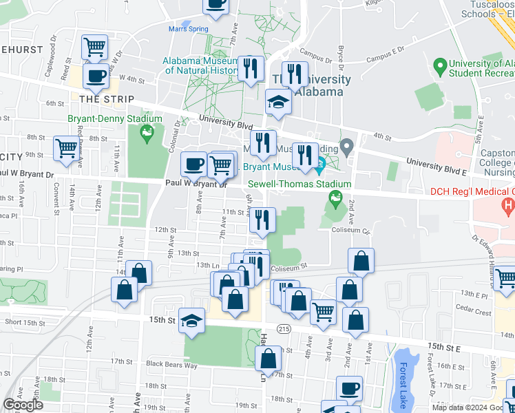 map of restaurants, bars, coffee shops, grocery stores, and more near 1012 Hackberry Lane in Tuscaloosa
