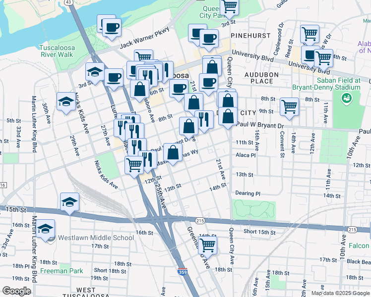 map of restaurants, bars, coffee shops, grocery stores, and more near 2230 11th Street in Tuscaloosa