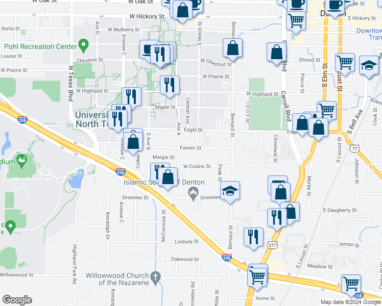 map of restaurants, bars, coffee shops, grocery stores, and more near 930 South Welch Street in Denton
