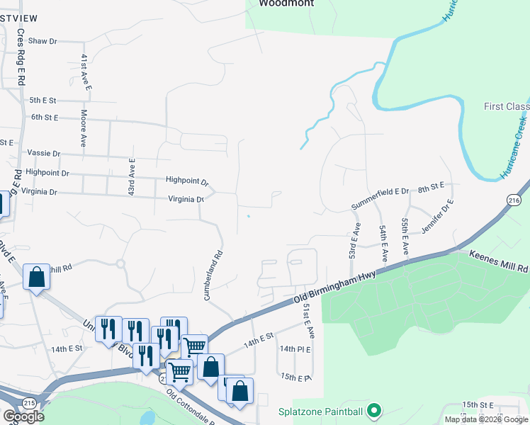 map of restaurants, bars, coffee shops, grocery stores, and more near 4809 Cumberland Road in Tuscaloosa