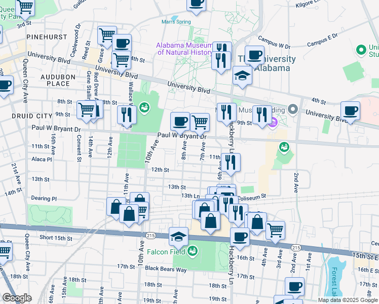 map of restaurants, bars, coffee shops, grocery stores, and more near 708 11th Street in Tuscaloosa