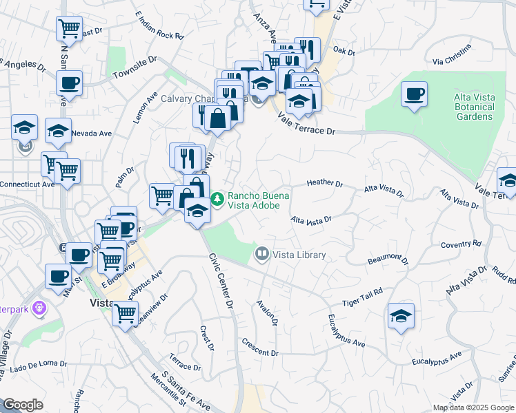 map of restaurants, bars, coffee shops, grocery stores, and more near 743 Alta Vista Drive in Vista