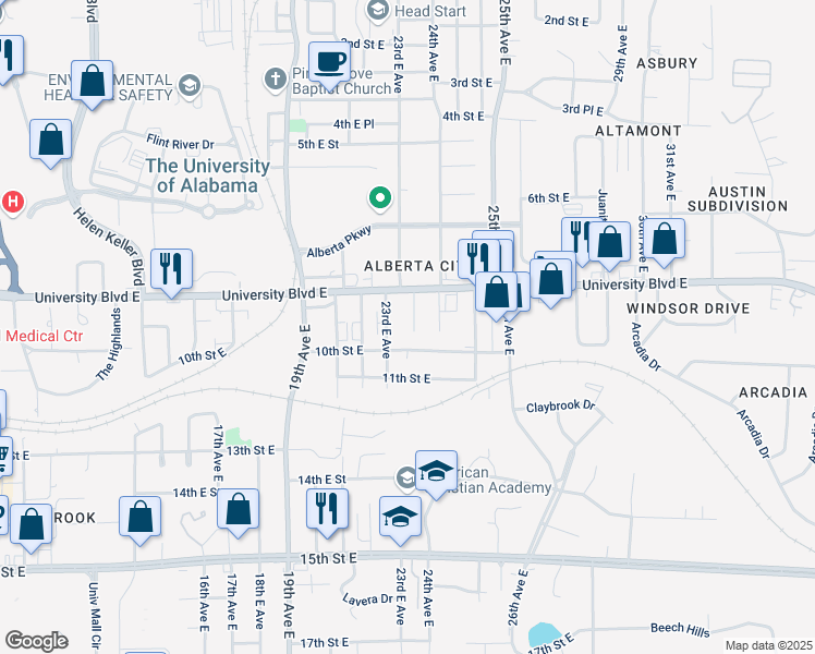 map of restaurants, bars, coffee shops, grocery stores, and more near 920 Alberta Drive in Tuscaloosa