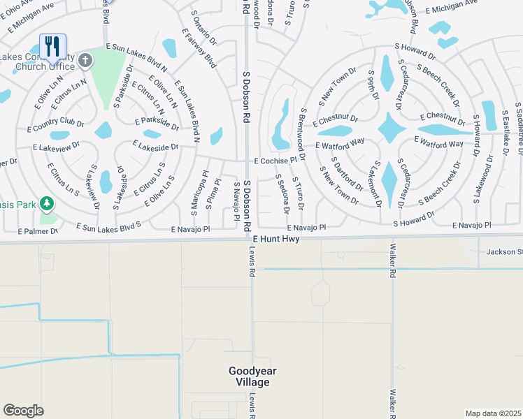 map of restaurants, bars, coffee shops, grocery stores, and more near 9610 East Glenside Court in Sun Lakes