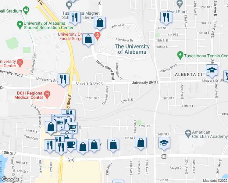 map of restaurants, bars, coffee shops, grocery stores, and more near 918 14th Avenue East in Tuscaloosa