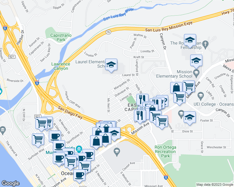 map of restaurants, bars, coffee shops, grocery stores, and more near 1406 Dubuque Street in Oceanside