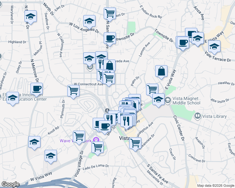 map of restaurants, bars, coffee shops, grocery stores, and more near 316 East Orange Street in Vista