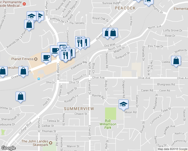 map of restaurants, bars, coffee shops, grocery stores, and more near 2337 Bliss Circle in Oceanside