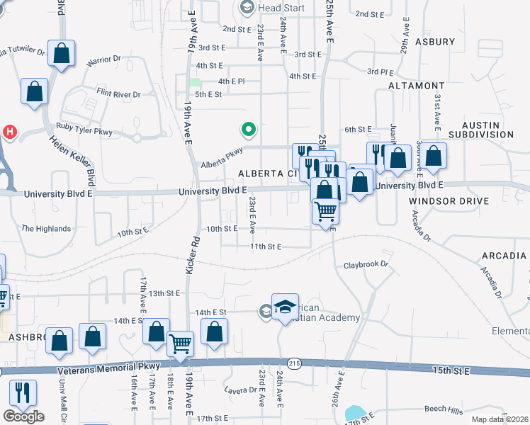 map of restaurants, bars, coffee shops, grocery stores, and more near 923 23rd Avenue East in Tuscaloosa