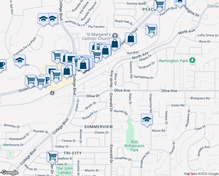 map of restaurants, bars, coffee shops, grocery stores, and more near 4152 Diamond Circle in Oceanside