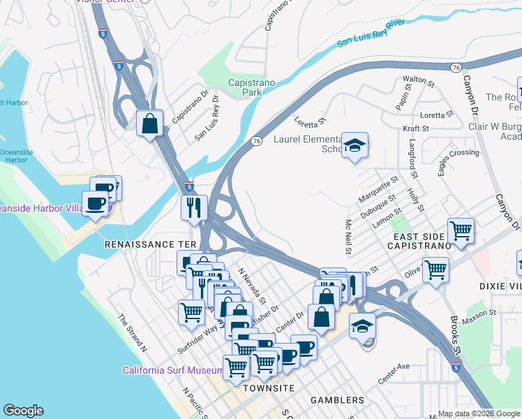 map of restaurants, bars, coffee shops, grocery stores, and more near 820 Harbor Cliff Way in Oceanside
