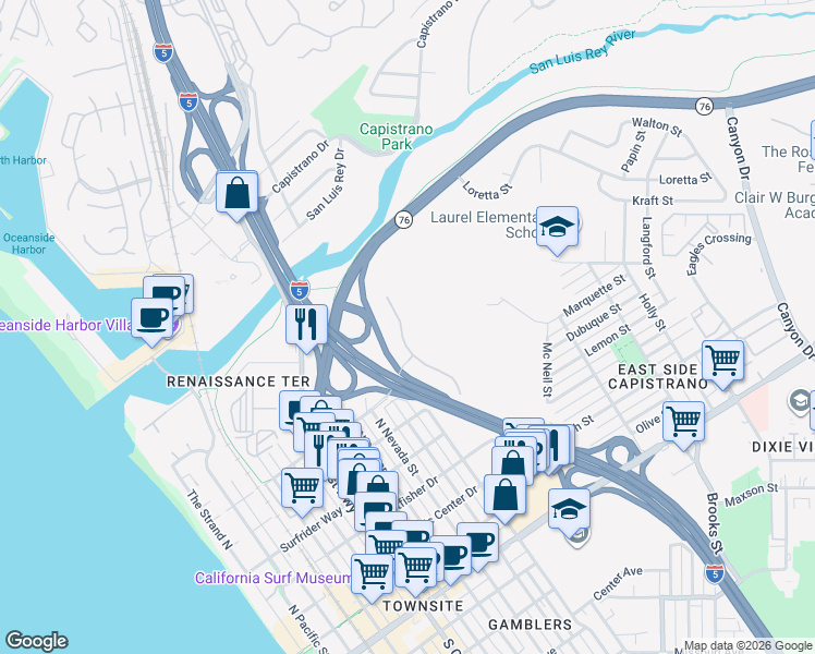 map of restaurants, bars, coffee shops, grocery stores, and more near 820 Harbor Cliff Way in Oceanside